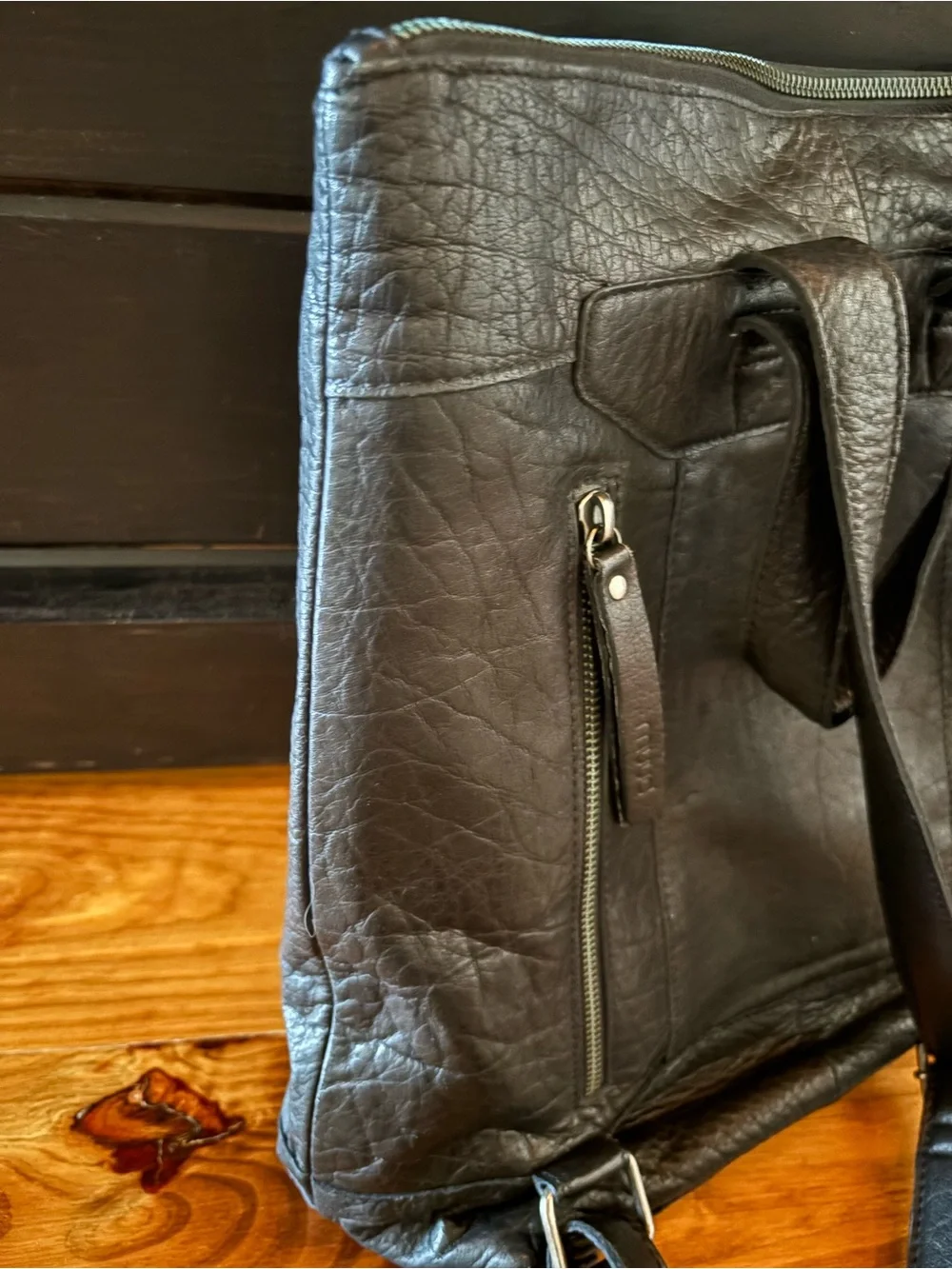 Muud Black Leather Backpack Purse Adjustable Straps Multiple Pockets Zip Close